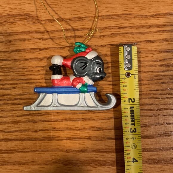 VINTAGE HANDMADE CERAMIC CHRISTMAS ORNAMENT, MOUSE ON A SLED - Picture 4 of 4